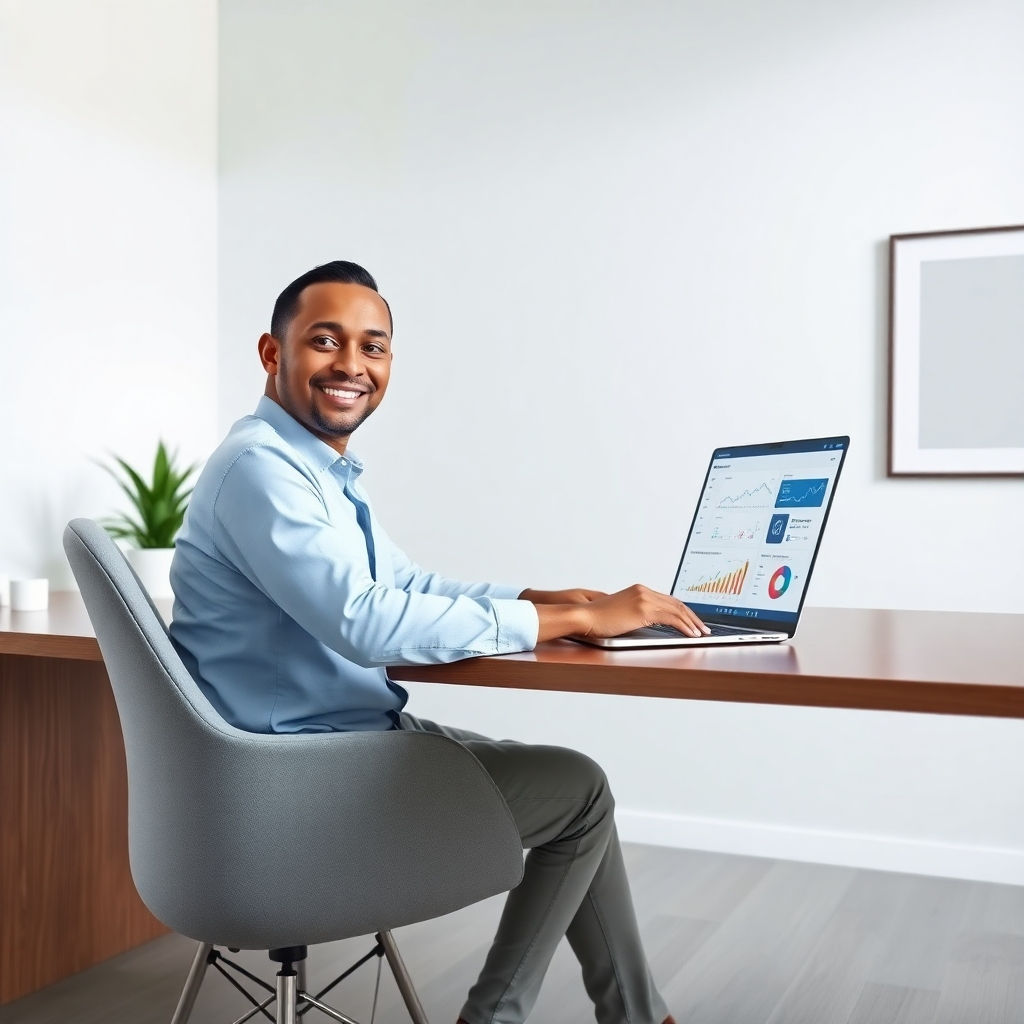 A photorealistic 8K image depicting a modern, minimalist workspace.  A person sits at a sleek desk, smiling confidently. On their laptop, a Systeme.io dashboard is displayed, showcasing various integrated tools like email marketing, sales funnels, and e-commerce analytics.  The lighting is soft and diffused, creating a calm and productive atmosphere. The color palette is clean and bright, with shades of blue, white, and gray. The camera angle is slightly elevated, looking down on the workspace.  Textures include smooth wood of the desk, soft fabric of the chair, and the reflective screen of the laptop.  Background elements include a potted plant and a minimalist artwork on the wall. The overall mood is one of efficiency, organization, and success.  Style reference: Annie Leibovitz.  Focus on hyperrealistic detail and clarity, emphasizing the seamless integration of the Systeme.io platform.