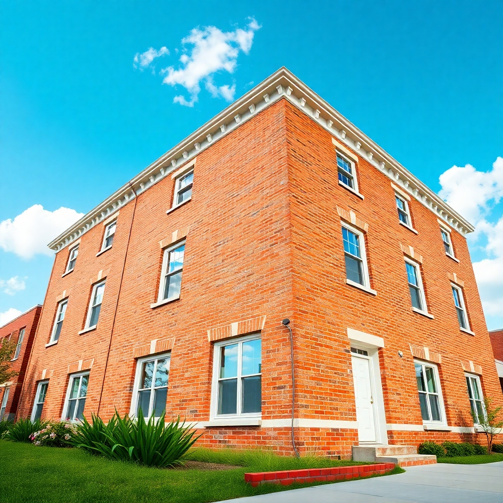A photorealistic, 8K resolution image depicting a three-story brick building after a professional pressure washing. The building is clean, the bricks are vibrant, and the mortar is crisp and white. Soft diffused lighting enhances the textures and details of the brickwork.  The camera angle is slightly low, showcasing the building's full height.  The foreground includes a small, neatly landscaped area with lush green grass and some flowering plants.  The background shows a clear blue sky with fluffy white clouds. The style is reminiscent of a high-end architectural photography, emphasizing clean lines and textures.  The image should evoke a feeling of cleanliness, renewal, and satisfaction. The overall color palette is warm and inviting, with rich brick tones, deep greens, and clear blues.  Ultra-detailed rendering of the brick surface, highlighting its texture and color variations.  The image should appear hyperrealistic, with lifelike textures and lighting effects.  Include subtle water droplets on some brick surfaces, subtly reflecting light, adding to the sense of recency of the cleaning process.  The image should evoke a sense of professionalism and quality.