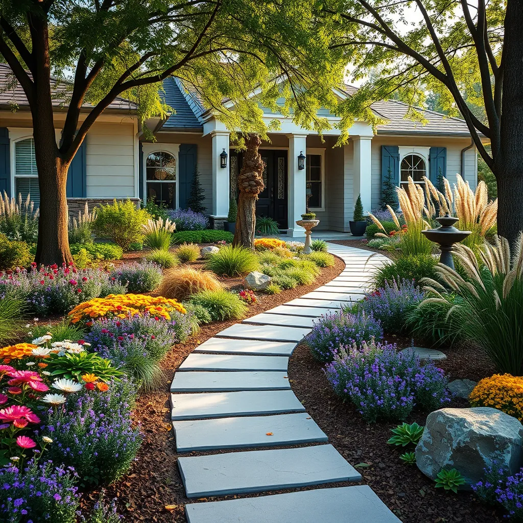 A photorealistic, 8K resolution image of a modern suburban home with a beautifully landscaped front yard. The focus is on the vibrant, layered planting beds with a mix of flowering perennials, lush green shrubs, and ornamental grasses.  A winding pathway made of natural stone leads from the sidewalk to the front door.  The lighting is soft and diffused, creating a warm and inviting atmosphere.  The image should have a high-contrast, cinematic style, reminiscent of the work of renowned landscape photographer, David Yarrow.  Include subtle details like a bird bath, a decorative rock garden, and mature trees providing shade.