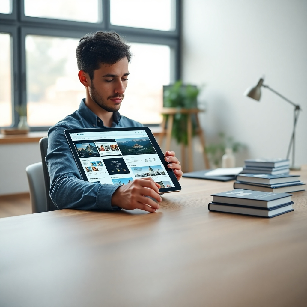 A photorealistic, ultra-high definition (8K) image depicting a person sitting at a modern, minimalist desk, bathed in soft, diffused natural light from a large window. The person is thoughtfully reviewing a digital tablet displaying a variety of website templates, each showcasing diverse design styles and layouts. The color palette is calm and sophisticated, featuring muted blues, greens, and greys. The desk is made of light oak wood with visible grain, and clean lines are emphasized throughout the composition. The scene is hyperrealistic, with detailed textures on the tablet screen, the wood grain, and the person's clothing. The camera angle is slightly elevated, looking down on the person and tablet, creating a sense of intimacy and focus.  The background includes soft-focus, blurred elements suggesting a bright, airy office space. The overall mood is one of calm concentration and informed decision-making.  The style should evoke the clean aesthetic of a high-end technology product advertisement, reminiscent of Apple product photography.  The image should be meticulously detailed, showcasing realistic reflections and subtle shadows to enhance depth and realism. The image should include subtle environmental details, such as a neatly organized stack of books and a stylish desk lamp. The overall composition should be balanced and harmonious, drawing attention to the tablet and the person's focused expression.