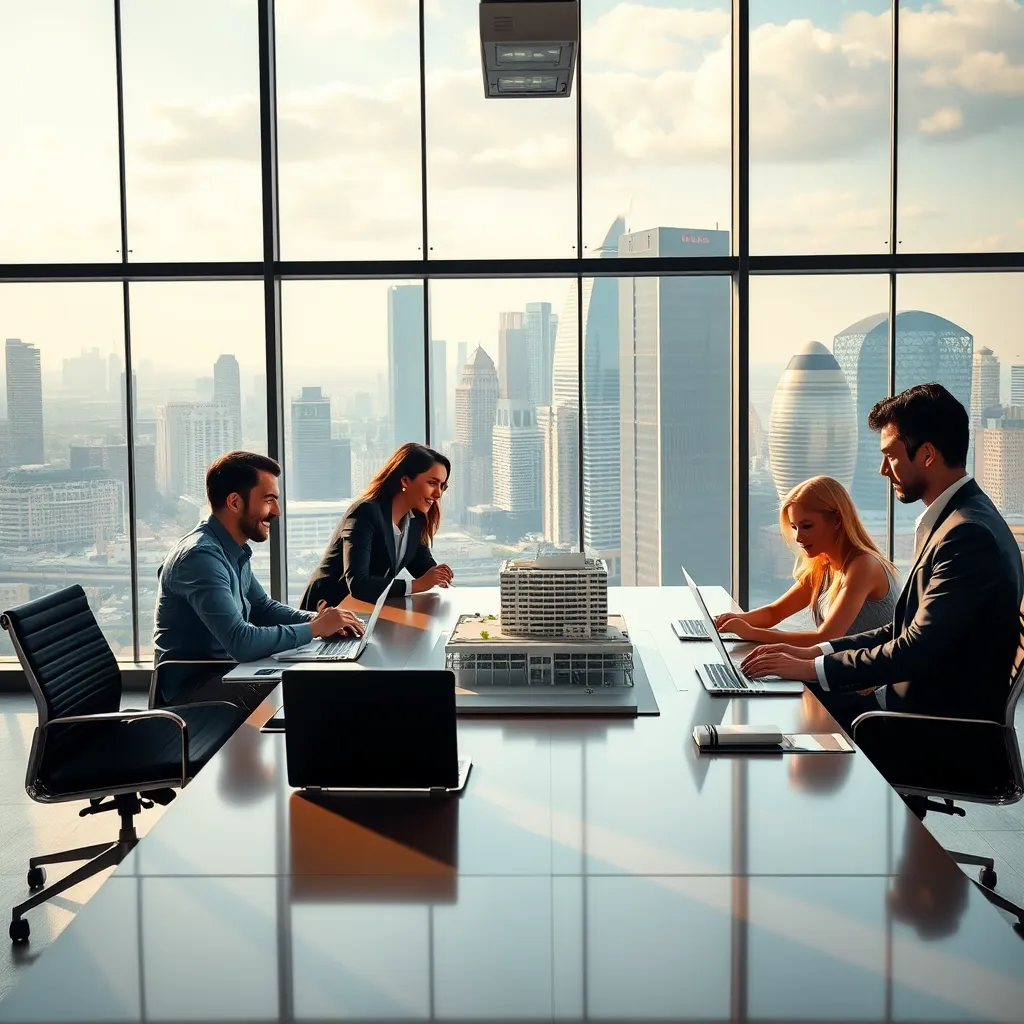 A photorealistic, ultra-high quality image of a modern, sleek office space with large windows showcasing a bustling city skyline. The scene features a group of diverse business professionals (3-4 people) in their late 20s to early 40s, collaborating around a large conference table, with laptops, charts, and a model of a new building on the table. The lighting should be natural, with soft, diffused sunlight streaming through the windows. The color palette should be warm and inviting, with hues of blue, green, and gold, reflecting a sense of progress and optimism. The camera angle should be slightly elevated, showcasing the expansive view and creating a sense of ambition. The image should be composed in a dynamic way, with elements like the cityscape, the team's posture, and the model of the building converging towards a central point, symbolizing the growth and expansion of the business.  The image should convey a sense of excitement and possibility, representing the positive impact of SAITS4U's Business Expansion Loans on business growth.
