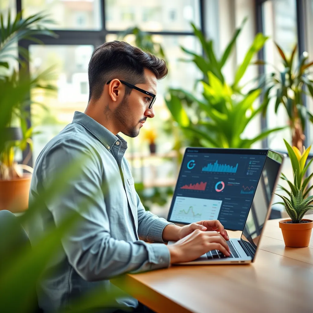 A photorealistic, ultra-high-quality image of a social media manager working on a laptop in a vibrant and modern office. The laptop screen should display a social media dashboard with various analytics and metrics, indicating the success of the campaign. The office should be filled with plants and natural light, creating a positive and productive environment. The camera angle should be slightly from behind the manager, capturing their focused expression and the laptop screen. Use a soft, natural lighting to create a calm and inviting atmosphere. The colors should be vibrant and inspiring, reflecting the creative and engaging nature of social media marketing. The image should convey the effectiveness of social media strategies and highlight the importance of data-driven decision-making. The style should be similar to a professional stock photo for digital marketing, showcasing the importance of social media marketing in today's digital world. The image should be rendered in 8K resolution with hyperrealistic details, creating a visually stunning and inspiring image.