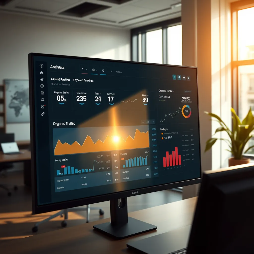 A photorealistic, ultra-high-quality image of a website analytics dashboard with various metrics like keyword rankings, organic traffic, and website traffic sources. The dashboard should be displayed on a large monitor in a modern office setting with natural light streaming through the window, casting a warm glow on the screen. The colors should be muted and professional, focusing on a clean and minimalist design. The perspective should be angled slightly from above, capturing the details of the dashboard while also showing the surrounding office environment. The image should have a high level of detail, emphasizing the data visualizations and user interface elements of the dashboard. The style should be similar to a professional stock photo for digital marketing, with a focus on showcasing the effectiveness and value of SEO services. The image should be rendered in 8K resolution with hyperrealistic details, creating a visually stunning and informative image.