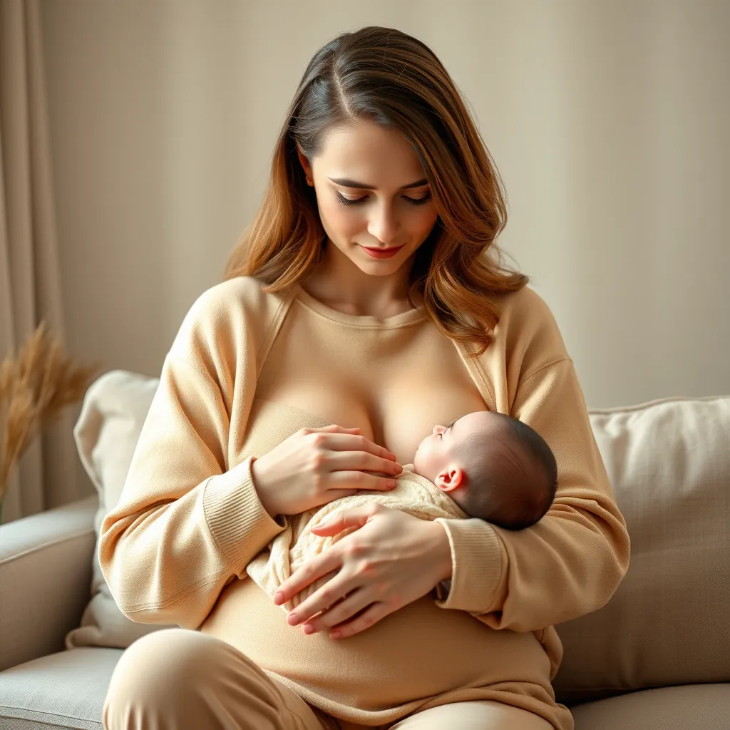 A photorealistic, ultra-high-resolution image (8K resolution) of a lactation consultant, dressed in a warm and inviting outfit, gently assisting a mother with breastfeeding her baby. The scene should be set in a soft, calming environment, such as a comfortable living room or a private consultation room. The lighting should be soft and diffused, creating a warm and inviting atmosphere.  The image should emphasize the close connection between the mother and child, with a focus on their faces and the gentle touch of the lactation consultant. The image should have a natural and organic color palette, using soft pastels and earthy tones. The overall mood should be one of peace, support, and trust. The composition should be balanced and visually appealing, with the mother and baby positioned at the center of the image. The lactation consultant should be positioned slightly behind the mother, providing a sense of guidance and support. The image should be rendered in a photorealistic style, with attention to detail in the textures of clothing, skin, and hair.  The image should have a sense of depth and realism, with soft shadows and subtle highlights. The background should be blurred slightly, drawing attention to the central figures in the image. The image should be styled in a way that reflects the warmth and professionalism of SAITS4U Lactation Consulting.