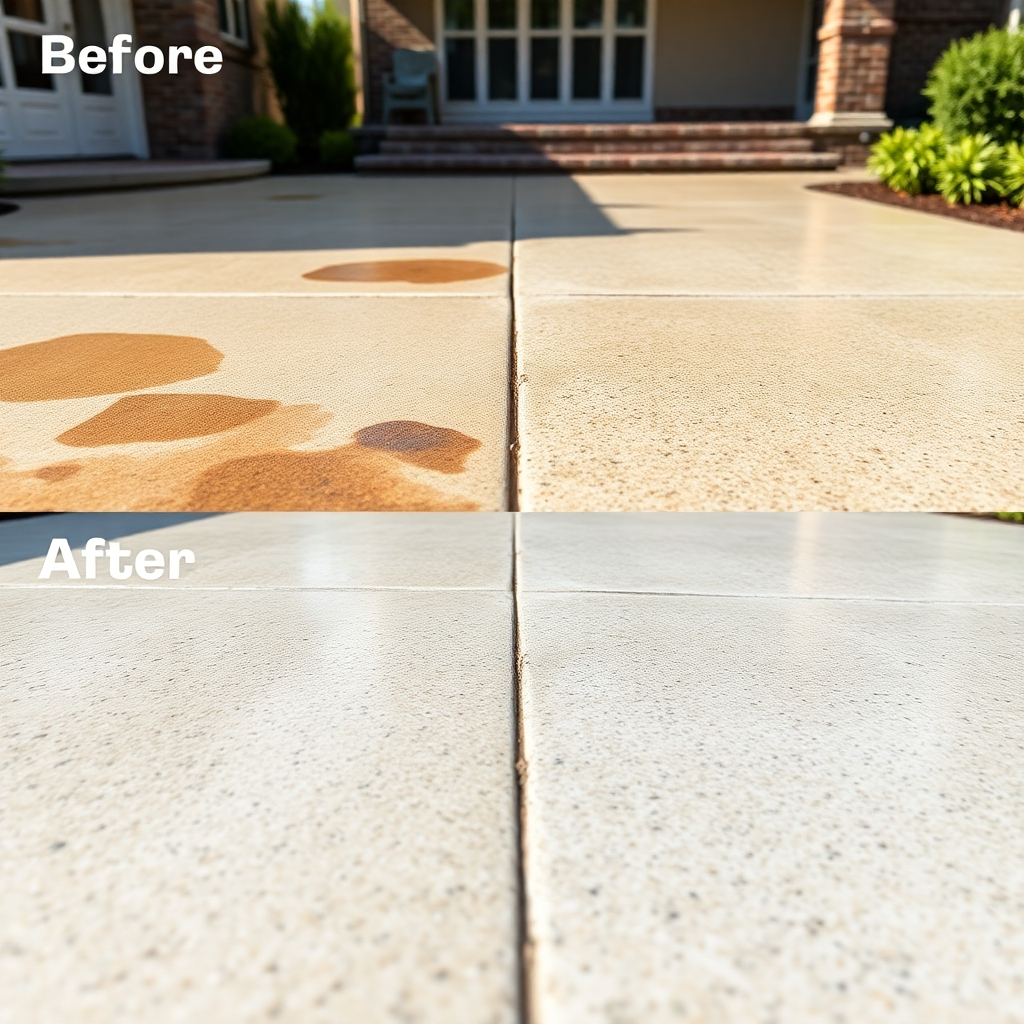 A photorealistic close-up image showcasing a concrete surface before and after professional cleaning. The before image should show stains, discoloration, and general wear, while the after image depicts a clean, bright, and even-toned concrete surface.  The image should be sharply focused, highlighting the texture and color of the concrete. The surrounding environment should suggest a driveway or patio setting.