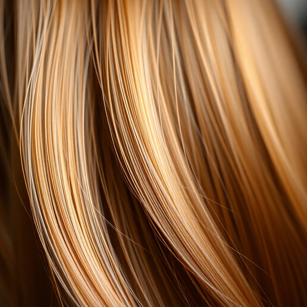 A photorealistic close-up image of healthy, shiny hair after a deep conditioning treatment. The image should showcase the hair's smoothness, shine, and overall improved texture. The background could be blurred, with a focus on the silky, healthy-looking hair. Consider using soft, warm lighting to highlight the hair's natural beauty and the results of the treatment.