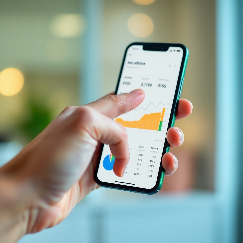 A photorealistic close-up shot of a hand pointing at a brightly lit smartphone displaying an affiliate marketing dashboard, showcasing earnings and key performance indicators (KPIs). The background is blurred, emphasizing the smartphone and hand. The lighting is soft and warm, creating a sense of achievement and ease. The phone screen should be clear, showing easily understandable data visualizations. The style should be modern and approachable, suitable for a beginner audience. The resolution should be 8K, hyperrealistic, focusing on the textures of the skin and the reflections on the smartphone screen. Use a color palette of light blues, greens, and yellows to convey trust and growth.