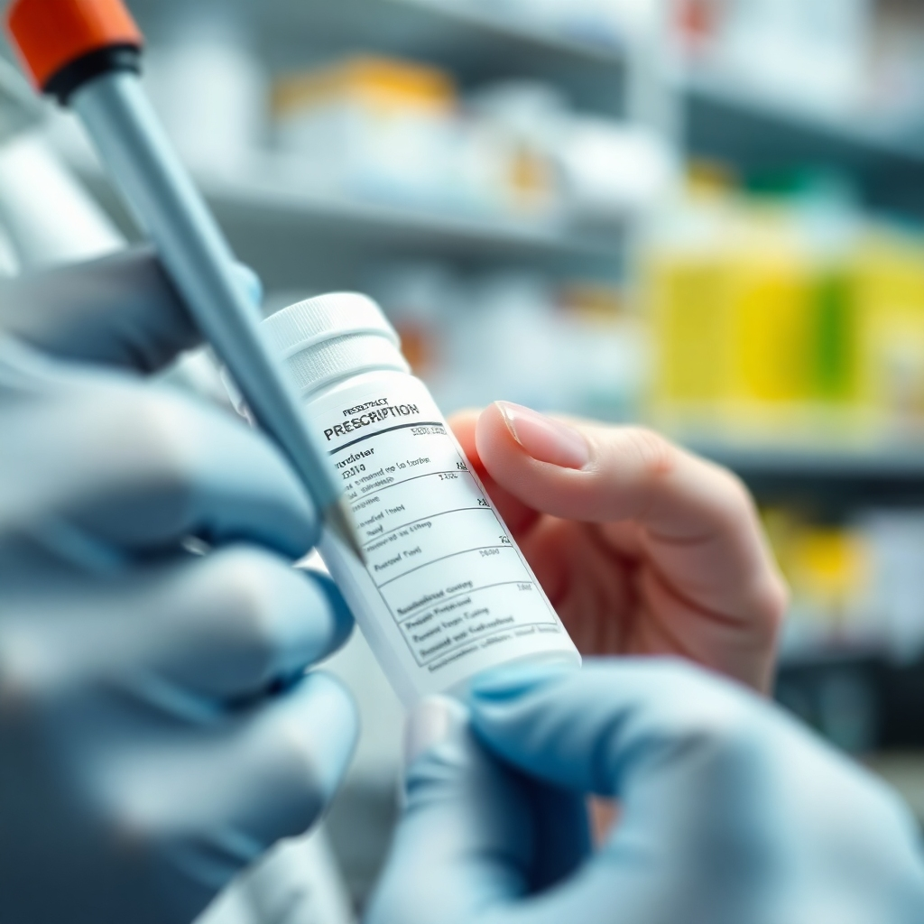 A photorealistic close-up shot of a prescription being carefully filled by a pharmacist. The image should emphasize precision and care, with a focus on the pharmacist's meticulous attention to detail. The overall style should be clean and professional.