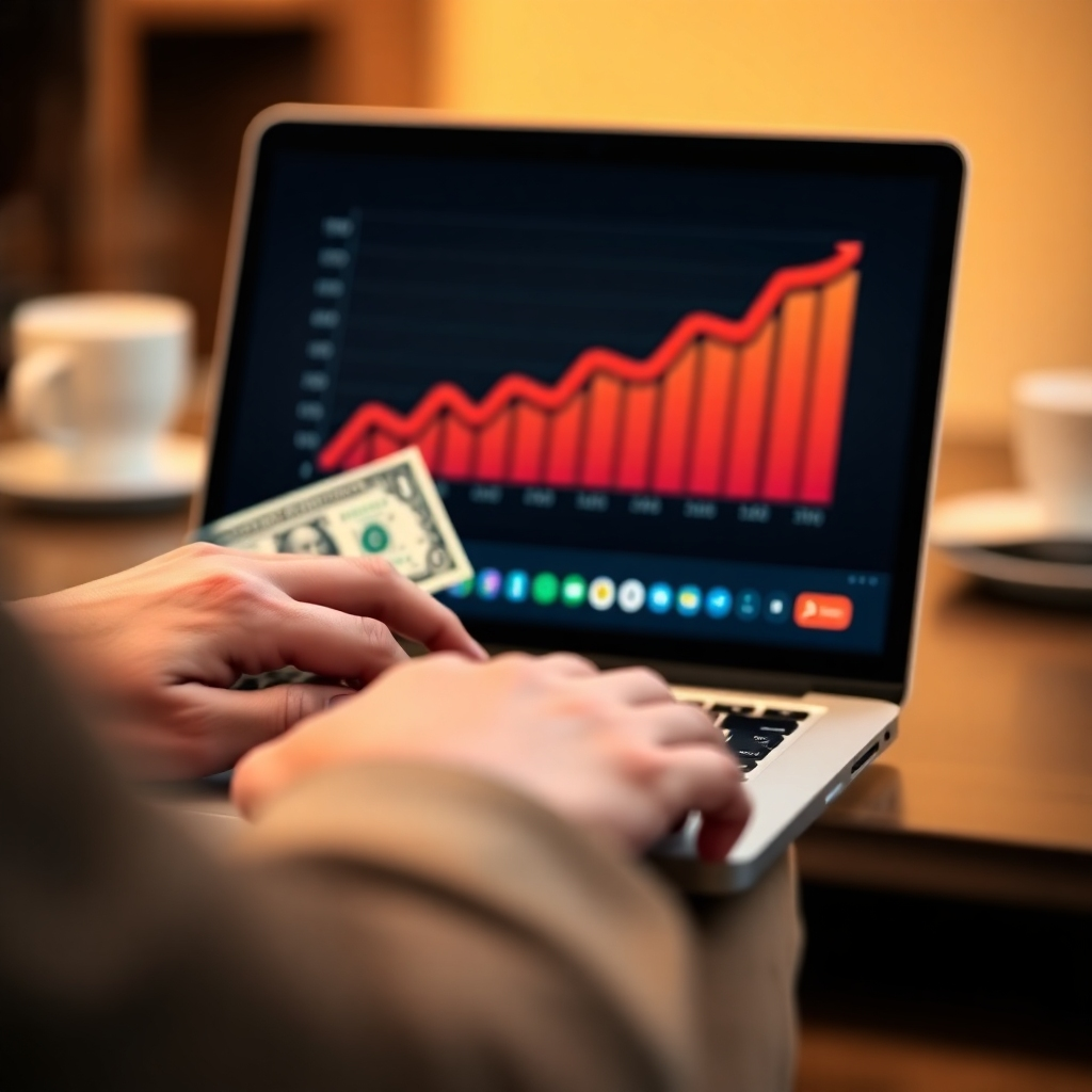 A photorealistic close-up shot of a person's hands using a laptop. The screen displays a graph showing exponential growth, with a zero dollar bill placed subtly on the side. The lighting is warm and inviting, with a focus on the textures of the laptop and the dollar bill. The background is blurred to emphasize the hands and the screen. The angle is slightly angled downward to convey a sense of focus and determination. Use a shallow depth of field for a professional look.