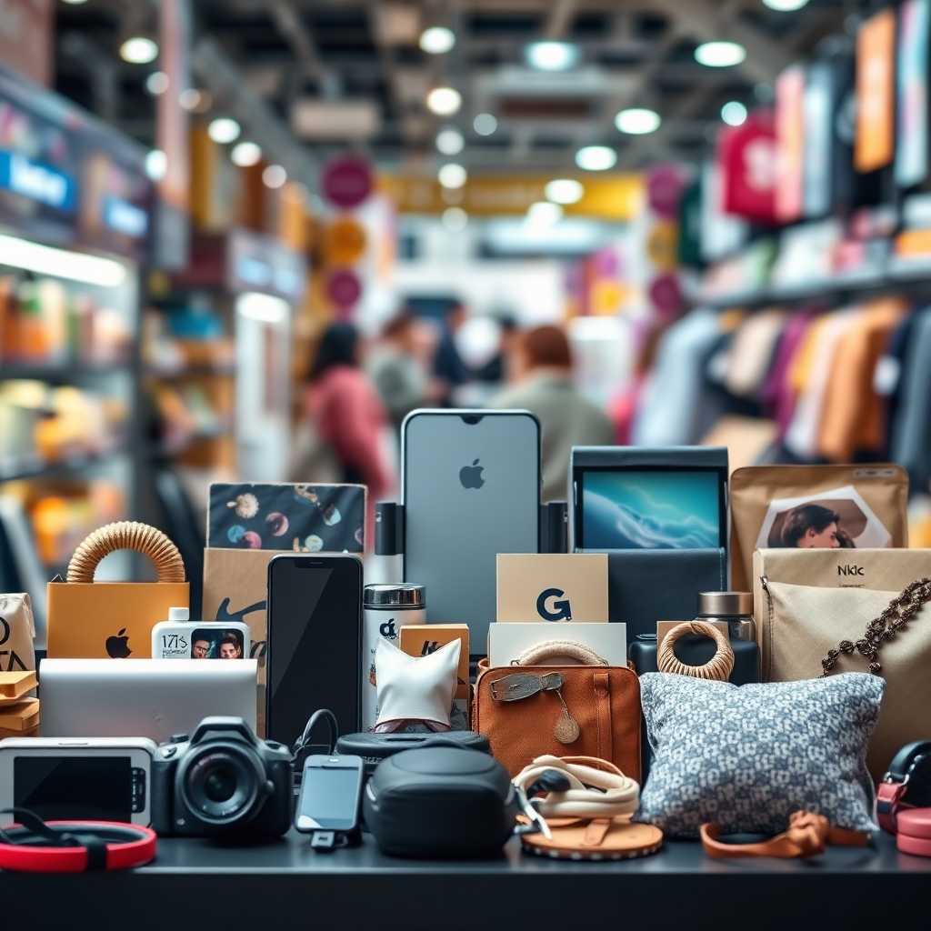 A photorealistic collage of diverse, trending products (electronics, fashion accessories, home goods) arranged in a visually appealing layout. Soft lighting with a slight depth of field to highlight individual items. Background is a blurred-out marketplace scene, subtly hinting at consumer activity and product variety.