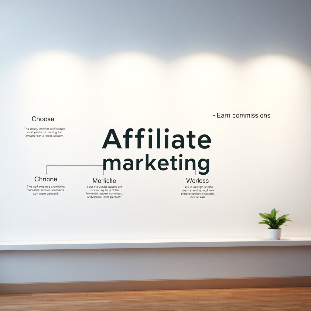 A photorealistic depiction of a simple, visually appealing flowchart illustrating the steps involved in affiliate marketing. The flowchart should start with "Choose a Niche" and end with "Earn Commissions", with clear and concise steps in between. The lighting should be soft and inviting, making the flowchart easy to read and understand. The style should be clean and minimalist, emphasizing the simplicity of the process. The resolution should be 8K, hyperrealistic, with attention to detail in the typography and design of the flowchart. The color palette should be bright and cheerful, conveying a sense of ease and accessibility.