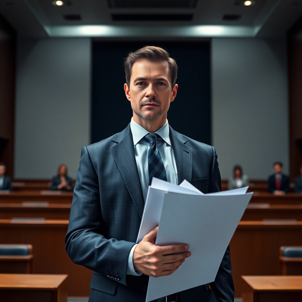 A photorealistic, hyperrealistic 8K image depicting a confident tax consultant, dressed in a sophisticated business suit, standing in a modern courtroom setting.  Dramatic side lighting creates a sense of tension and seriousness. The color palette is composed of muted grays, deep blues, and subtle highlights. The consultant is facing the viewer, projecting assurance and competence, with documents in hand. The composition focuses on the consultant, slightly angled towards the jury or judge.  The courtroom is subtly visible in the background, ensuring the focus is still on the consultant.  The image must display an atmosphere of professionalism and determination, with high detail on the textures of clothing and the subtly worn pages of the documents.  The camera angle is a medium shot, at eye-level, creating intimacy while emphasizing the scale and atmosphere of the setting. The overall style should evoke a feeling of confidence and expertise, similar to the style of cinematic legal dramas, capturing the sharpness and intense focus of the situation.