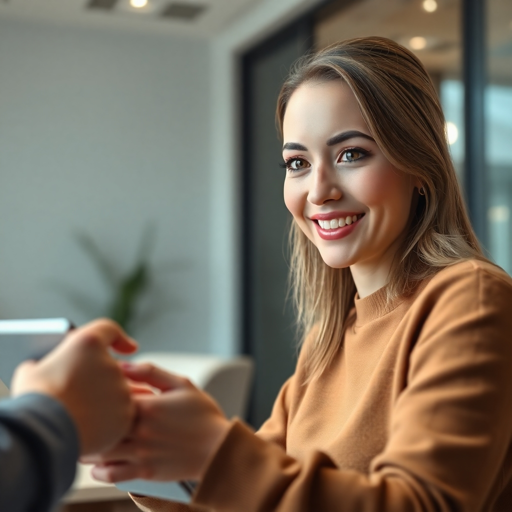 A photorealistic image, 8K resolution, hyperrealistic detail, of a friendly digital human engaging in a live chat conversation with a customer. The scene is set in a modern, minimalist office with soft diffused lighting. The color palette is warm and inviting, emphasizing friendly and approachable tones. The camera angle is slightly elevated, offering a perspective of looking down on the interaction while maintaining eye contact.  The digital human is detailed, showcasing realistic skin texture, hair, and clothing. The customer is represented by a blurred hand interacting with a modern tablet.  The background is subtly blurred. The overall mood is calm, positive and professional. Style references: Annie Leibovitz's portraiture, cinematic lighting techniques.  The scene is ultra-detailed, emphasizing the realism of the digital human's expression and textures.