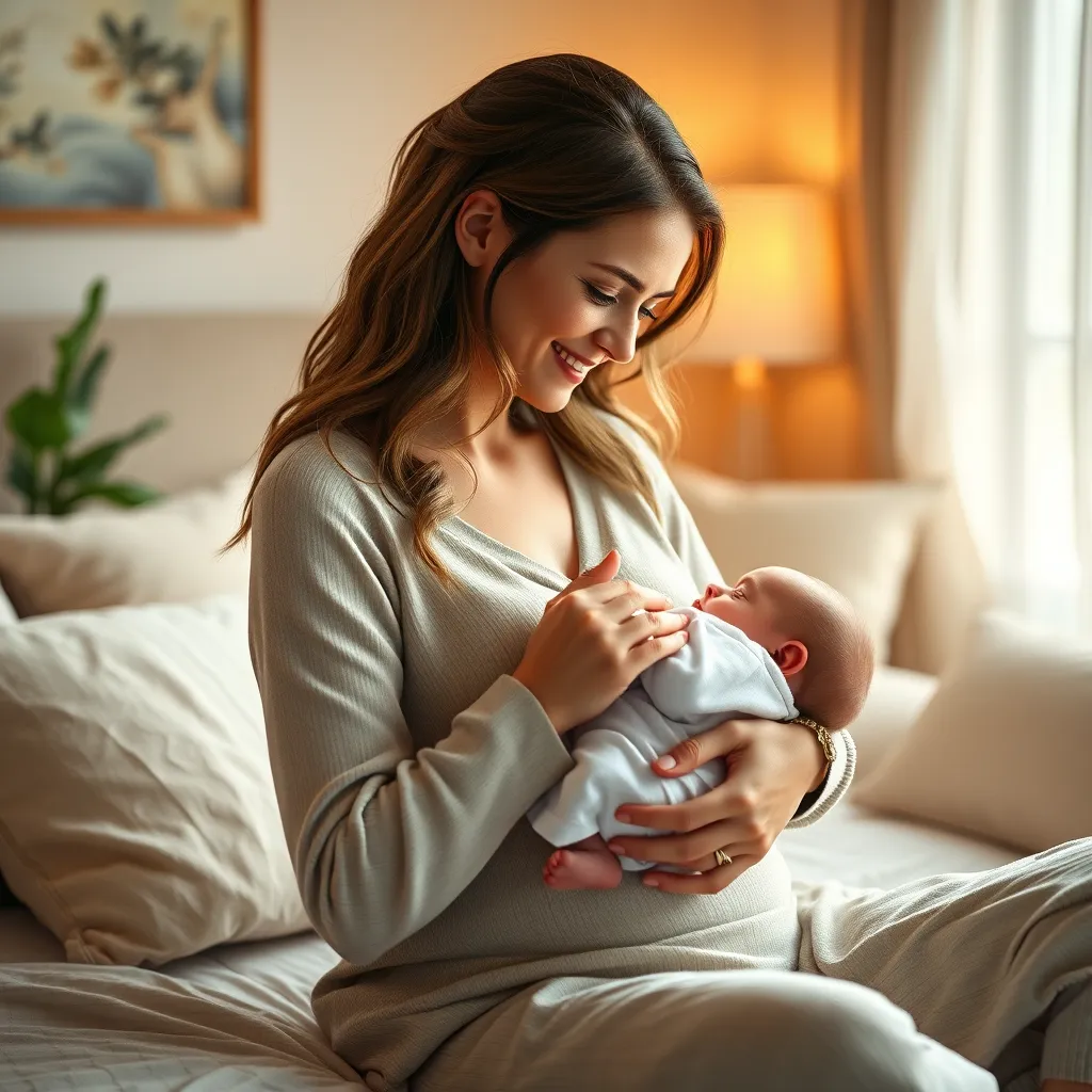 A photorealistic image (8K resolution) depicting a new mother in the comfort of her home, confidently breastfeeding her newborn baby. The image should capture a moment of peace and tranquility, showcasing the loving bond between mother and child. The lighting should be soft and diffused, creating a warm and intimate atmosphere. The scene should be set in a cozy and inviting bedroom, with natural light streaming in through a window. The image should emphasize the comfort and ease of the mother, with a focus on her gentle touch and loving gaze. The image should have a natural and organic color palette, using soft pastels and earthy tones. The overall mood should be one of serenity, connection, and joy. The image should be rendered in a photorealistic style, with attention to detail in the textures of clothing, skin, and hair. The image should capture the intimate moment between mother and baby, with the camera angle positioned to provide a close-up view. The image should be framed in a way that emphasizes the supportive and nurturing nature of SAITS4U Lactation Consulting.