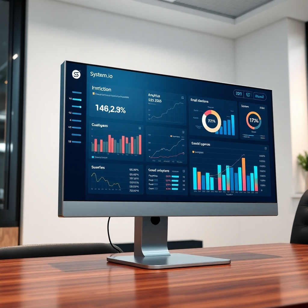A photorealistic image, 8K resolution, showing a large screen displaying a Systeme.io analytics dashboard. The dashboard is sleek and modern with various charts and graphs clearly showing key metrics like conversion rates, email open rates, and sales figures. The color scheme is sophisticated and professional, with a focus on data visualization. The lighting is bright and clean, highlighting important data points. The camera angle is slightly elevated, emphasizing the data’s importance.  The room's background is subtly visible, suggesting a professional office setting. Texture details include the smooth glass of the screen, the metallic finish of the computer casing, and the subtle grain of the surrounding surfaces. The overall mood is professional, data-driven, and confident.  The style emulates a successful tech company's presentation. The image should convey accuracy, reliability and clarity of data representation.
