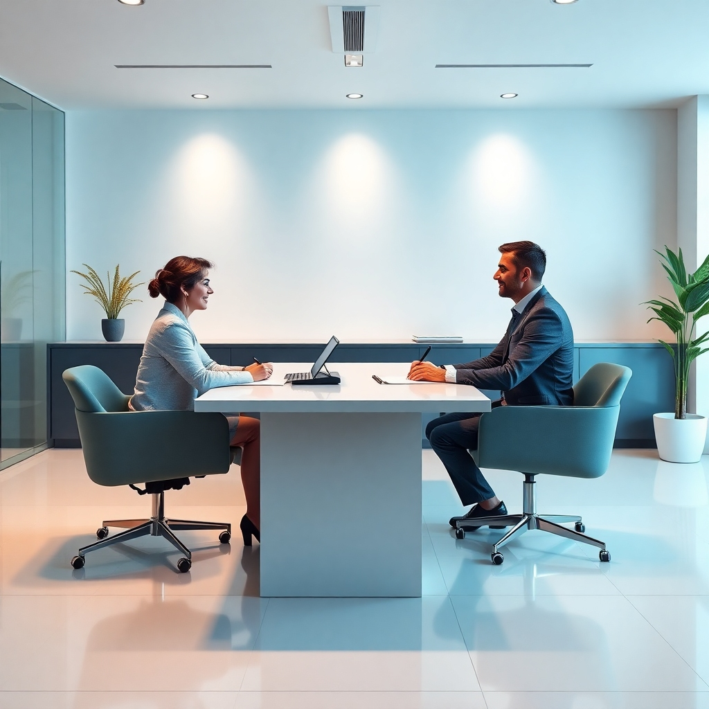 A photorealistic image, 8K resolution, in the style of a high-end financial advertisement. The image features a sleek, modern office space within the SAITS4U dealership dedicated to financing. A friendly finance representative is sitting across a clean, minimalist desk from a customer, both engaged in a calm conversation. The lighting is soft and diffused, creating a professional yet comfortable atmosphere. The color palette consists of calming blues and greens, with hints of gold to symbolize financial security. The camera angle is slightly elevated, framing the scene professionally. Materials are realistically represented – the smooth desk, the high-quality office furniture, the professional attire.  The background features subtle financial charts or graphs, subtly reinforcing the service. The overall mood should convey a sense of trust, security, and professionalism. Props should include neatly organized documents, a calculator, and a digital signature pad. The image should emphasize the ease and transparency of the financing process.