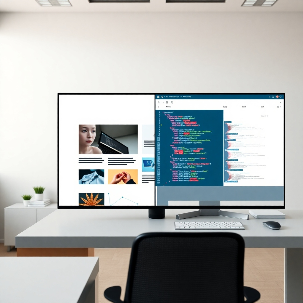 A photorealistic image (8K resolution) depicting a split-screen comparison. One side showcases a sleek, modern website built using a template; the other side depicts a uniquely designed website built from scratch. Both sides are shown in a clean, minimalist design.  The lighting should be consistent and evenly distributed across both halves of the image. The color palette should be neutral and professional, with a focus on clear visual hierarchy and easy readability.  The camera angle is a straight-on view, emphasizing a direct comparison.  The textures include the smooth surfaces of the digital screens and the subtle textures of the background, which could be a minimalist office setting.  Environmental elements include clean lines and organized spaces, reflecting professionalism.  The style should be similar to a high-end software comparison advertisement. The overall composition should provide a clear and immediate visual comparison of the two approaches, highlighting the advantages and disadvantages of each. Both websites should show snippets of their code in the background, subtly integrated into the scene, adding another layer of visual information.  The image should incorporate an infographic style, making a clear comparison between speed, cost and creativity of each approach, subtly overlaid on the screen.