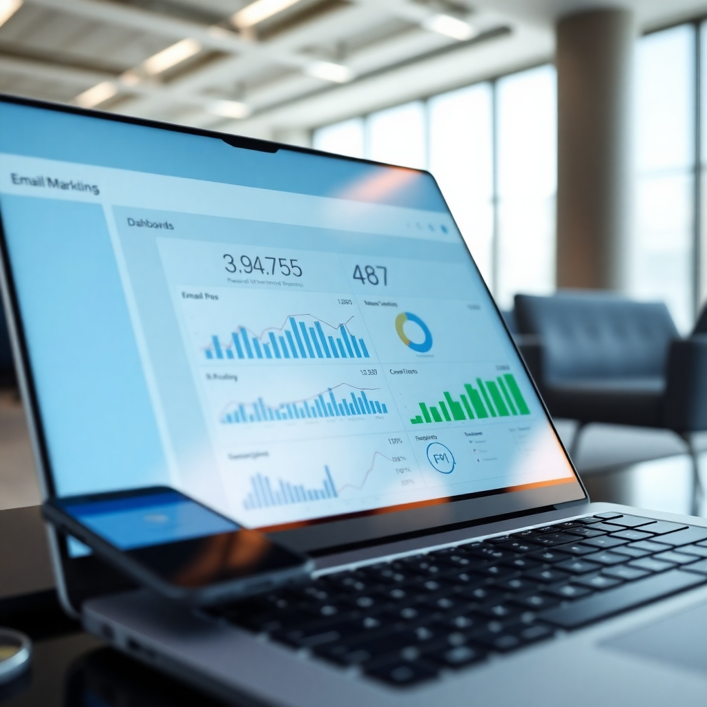A photorealistic image, 8K resolution, hyperrealistic, ultra-detailed, in the style of a professional marketing campaign, showing a close-up of a laptop screen displaying an email marketing dashboard with various graphs and data visualizations. The color palette should be modern and clean, with bright blues, greens, and grays. The lighting should be soft and professional, emphasizing the clarity of the data on the screen.  The background should be subtly blurred, showing a modern office space with sleek furniture and clean lines. The image should convey efficiency, data-driven decision making, and the power of email marketing. Textures should be highly detailed, showing the subtle reflections on the laptop screen and the texture of the keyboard. The camera angle is a direct overhead shot, focusing on the dashboard's critical information. In the corner, a smartphone subtly shows an incoming email notification. The scene portrays the importance of monitoring email marketing campaign performance for optimal results.