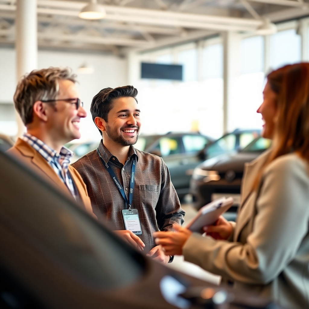 A photorealistic image, 8K resolution, shot with shallow depth of field, in the style of a candid lifestyle photograph. The focus is on a friendly SAITS4U sales representative interacting with a happy customer in a brightly lit, modern dealership setting. Soft, warm lighting enhances the welcoming atmosphere. The color palette consists primarily of warm, inviting colors, such as earthy tones and soft blues. The camera angle is at eye level, creating a connection between the viewer and the scene. The textures are realistic; the sales representative is well-dressed and approachable, and the customer shows expressions of comfort and trust. Background elements include additional vehicles in soft focus and minimalistic, modern dealership design elements. Minimalist props such as a tablet showing vehicle details can be present. The overall mood is friendly, helpful, and trustworthy, emphasizing the positive customer experience. The image should depict genuine interaction between the sales representative and the customer.