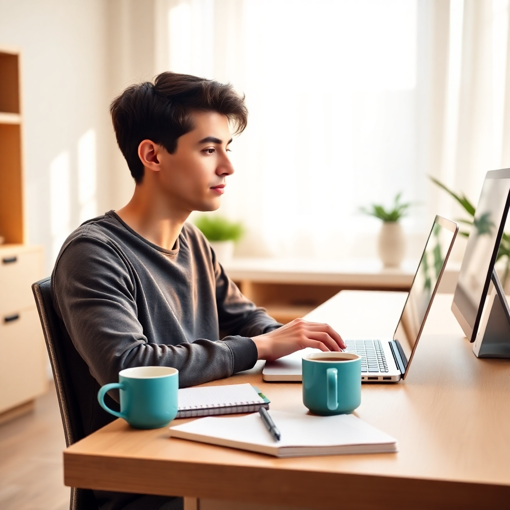 A photorealistic image, 8K resolution, hyperrealistic, ultra-detailed, depicting a young adult sitting at a modern desk in a bright, minimalist home office, bathed in soft, diffused natural light.  The desk is clean, with a laptop displaying a website about affiliate marketing, a notebook with handwritten notes, and a steaming mug of coffee. The color palette is warm and inviting, with soft beige, light wood tones, and splashes of teal. The camera angle is slightly elevated, focusing on the person's engaged expression.  The background is softly blurred, showcasing the clean lines of the minimalist home office. The image should evoke a feeling of calm productivity and learning. Style reference: Annie Leibovitz. Textures should be highly detailed, showing the smooth surface of the laptop, the grain of the wood desk, and the texture of the notebook paper.  The scene should convey a feeling of focused effort and learning, symbolizing a beginner's journey in affiliate marketing.