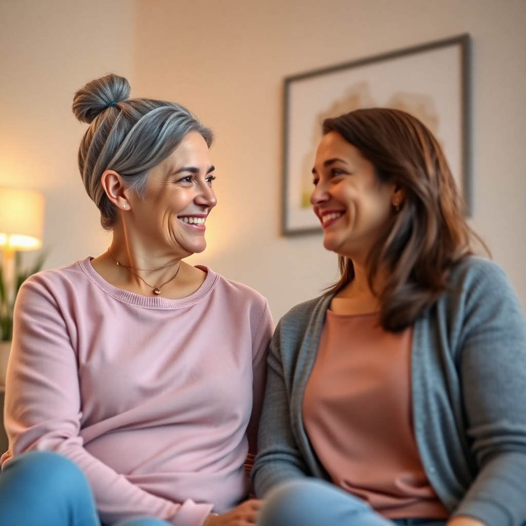 A photorealistic image, 8K resolution, in the style of a heartwarming human interest documentary. The image depicts a friendly, supportive one-on-one session between a weight loss coach and a client. The setting is a comfortable and inviting office with soft, warm lighting. The color palette consists of neutral, calming colors, conveying a sense of trust and calm. The lighting is soft and diffused, minimizing harsh shadows and creating a welcoming atmosphere. The coach and client are both visible, engaged in conversation.  Their body language should communicate genuine connection and mutual respect.  The coach's expression should be empathetic and encouraging. The camera angle is at eye level, establishing a sense of intimacy and connection. The focus is sharply on the faces and expressions of both the coach and client, conveying genuine emotion. The background should be slightly blurred, maintaining emphasis on the interaction between the two individuals. The overall mood conveys trust, support, and positive reinforcement.