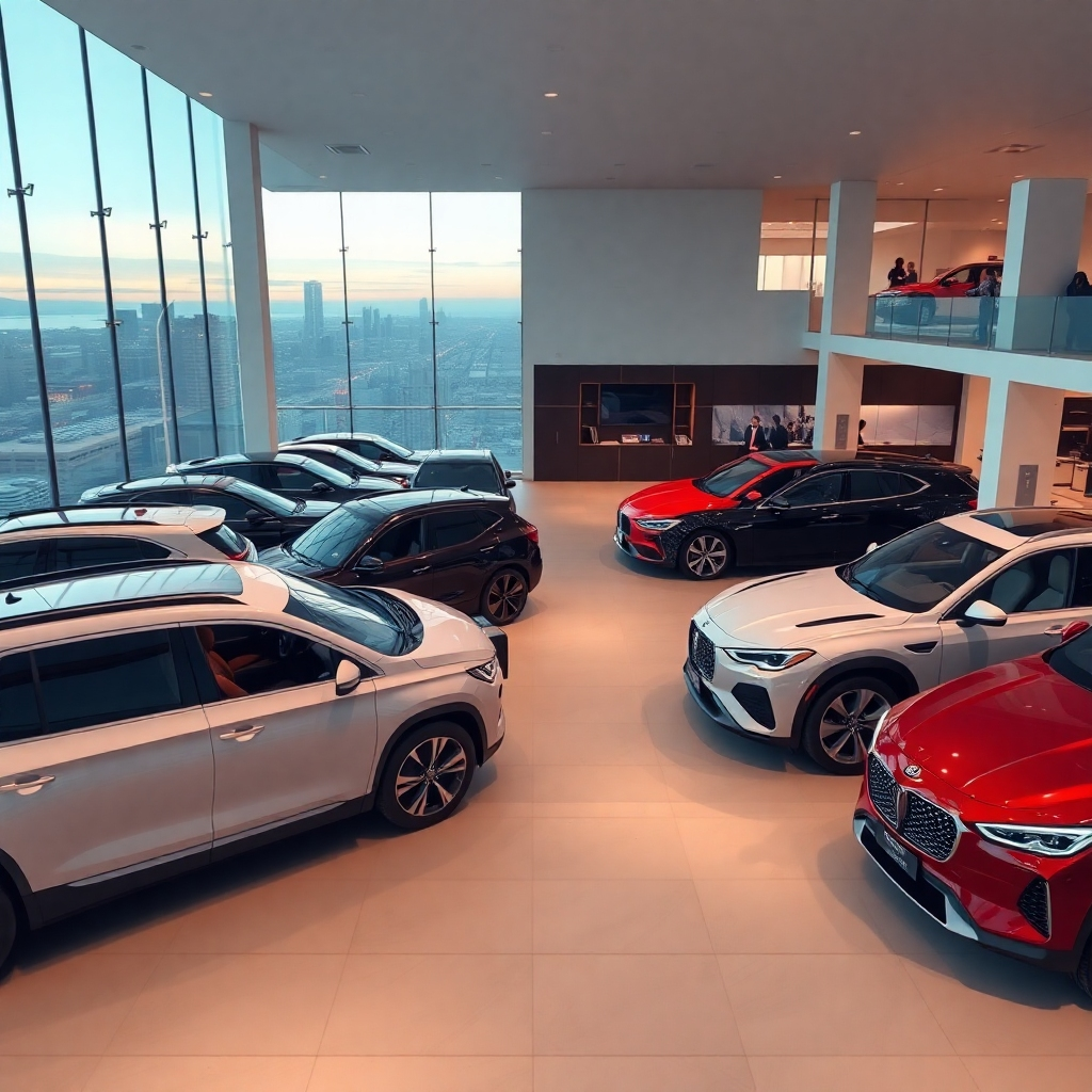 A photorealistic image, 8K resolution, hyperrealistic detail, in the style of a luxury automotive advertisement.  The image depicts a spacious, modern car showroom with a variety of vehicles (SUVs, sedans, sports cars) strategically arranged, showcasing their diverse styles. Soft diffused lighting illuminates the showroom, casting subtle reflections on the polished car bodies. The color palette is sophisticated and elegant, featuring neutral tones with pops of color from the vehicles. The camera angle is slightly elevated, providing a comprehensive view of the showroom.  The textures and materials should be hyperrealistic – the gleaming paint, the plush leather interiors, the smooth chrome accents.  The background features clean, modern architectural elements, possibly a glass wall overlooking a cityscape at dusk. Environmental elements include tasteful, modern decor and well-dressed, subtly present sales staff. The overall mood is one of luxury, exclusivity, and choice.  The image should evoke a sense of sophistication and refinement, focusing on the quality and variety of the vehicles.