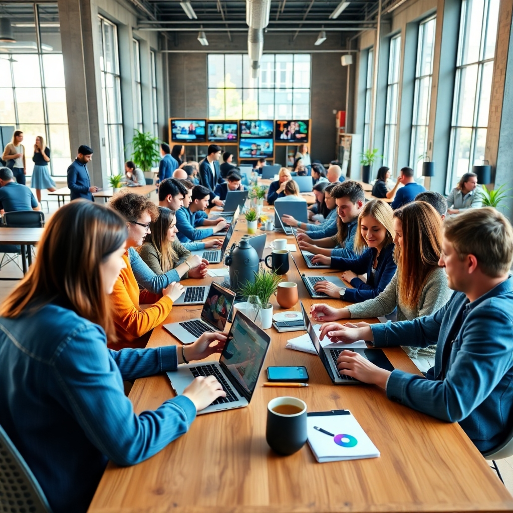 A photorealistic image, 8K resolution, hyperrealistic, ultra-detailed, showing a diverse group of people of all ages collaborating on a project in a vibrant co-working space. The scene is filled with laptops, smartphones, and tablets displaying various websites and social media platforms. The lighting is bright and natural, with large windows providing ample daylight. The color palette should be vibrant and energetic, using bold blues, oranges, and yellows. The camera angle is dynamic and slightly elevated, providing a wide-angle view of the collaborative environment.  The style should be reminiscent of contemporary photography, emphasizing authenticity and collaboration. The background should showcase the bustling co-working space with various professionals working independently yet connected through the shared workspace. High-quality textures should be evident in the materials like wood flooring, metal furniture, and people's clothing. Props such as coffee cups, plants, and creative materials suggest a collaborative atmosphere. The image aims to showcase various effective traffic generation approaches, representing the diversity of potential sources and techniques.