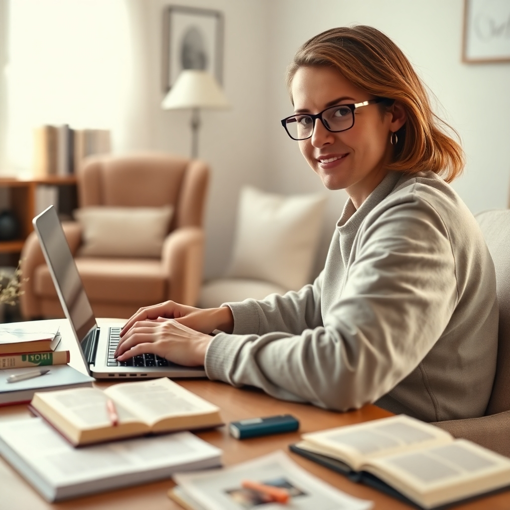 A photorealistic image, 8K resolution, hyperrealistic detail, soft natural lighting, a warm and inviting color palette, evoking feelings of creativity and accomplishment.  The scene depicts a person working on a laptop, surrounded by books, notebooks, and other materials suggesting intellectual work.  The laptop screen displays a mockup of an online course platform or an ebook cover.  The background shows a cozy home office space with a comfortable armchair and soft lighting.  The person appears focused and satisfied, subtly suggesting a sense of achievement.  The camera angle is eye-level and slightly off-center, creating a natural and approachable composition.  The textures of the books, the wood of the desk, and the fabric of the chair are highly detailed.  The scene subtly incorporates elements of self-improvement, education, and personal growth.  The style should reference a contemporary minimalist aesthetic with a touch of Scandinavian design. The mood should be calm, inspiring, and uplifting. The overall style should feel authentic and aspirational, suggesting the freedom and fulfillment of being one's own boss.