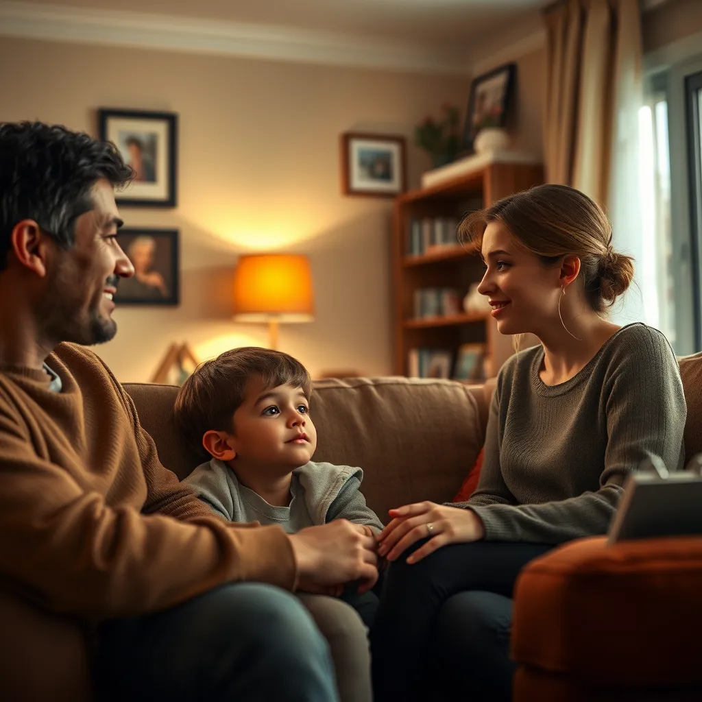 A photorealistic image, shot from a slightly elevated angle, capturing a family of four in a cozy living room. The warm lighting creates a soft glow, illuminating the family's faces as they engage in a meaningful conversation. The father, with a gentle smile, listens attentively as the mother, with a caring expression, speaks to their two children, a young boy and a teenage girl. The room is filled with personal touches and family photographs, creating a sense of warmth and togetherness. The image should convey the idea of open communication and understanding, focusing on the positive aspects of family interaction. Render the image with ultra-high detail, highlighting the textures of the furniture, the expressions on the family members' faces, and the subtle nuances of their interaction. The color palette should be warm and inviting, creating a feeling of comfort and unity.