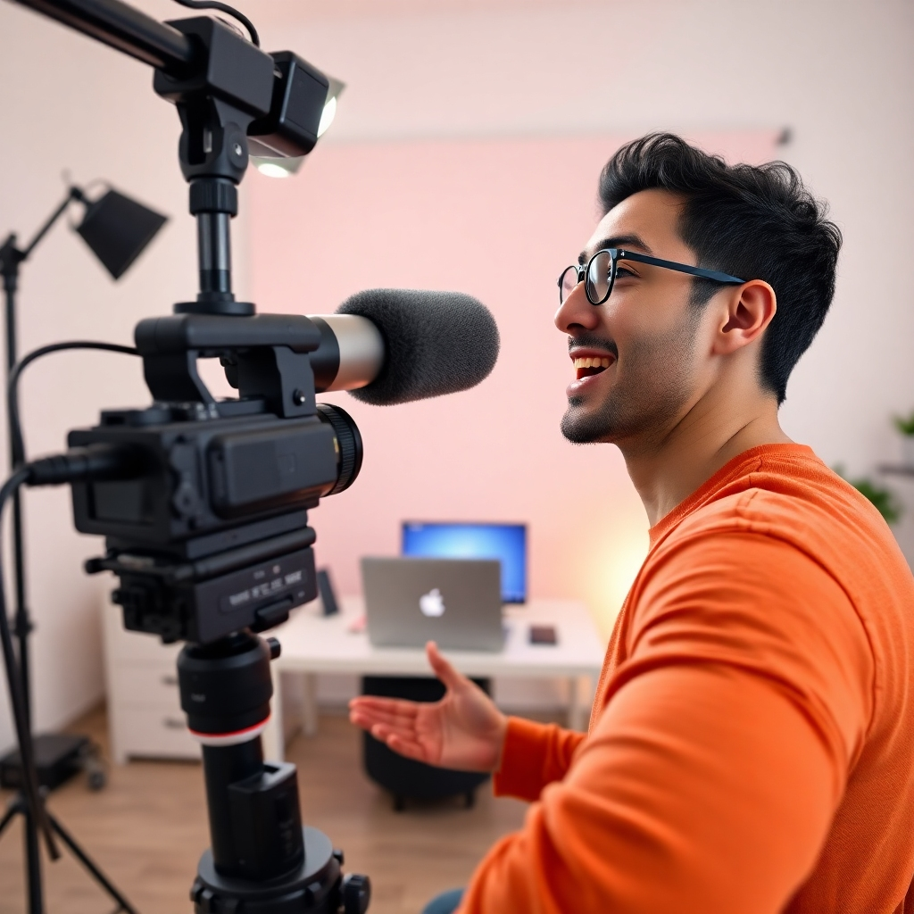 A photorealistic image, ultra-high definition, cinematic lighting, cool color palette with pops of vibrant brand colors, creating a sleek and modern aesthetic.  The scene shows a professional-looking setup of a person recording a YouTube video.  High-quality microphone, professional lighting equipment,  a clean and organized background, showcasing a modern desk with a sleek laptop, a high-quality camera on a tripod,  and a well-designed backdrop.  The person is actively engaging with the camera and seems passionate and knowledgeable.  The camera angle is from a slightly lower perspective, creating a dynamic and engaging composition.  The image should feel modern, professional, and sophisticated.  The background is clean but still visually interesting, possibly a modern minimalist office or a home studio.  Texture and material details should be evident, showcasing the premium quality of the equipment and overall sleek aesthetic.   The style should emulate a high-end technology or media company branding.  The overall mood is one of professionalism, expertise, and opportunity.