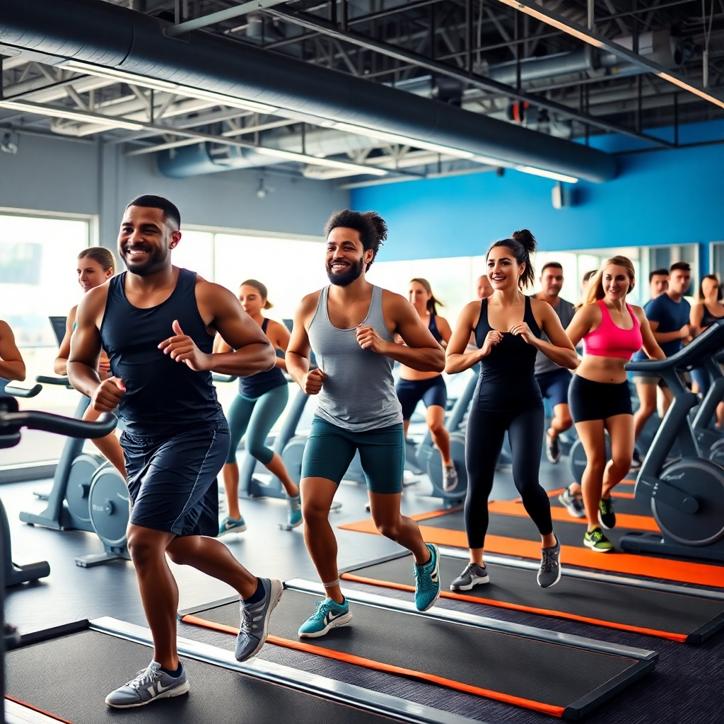 A photorealistic image, ultra-high definition, in the style of a fitness magazine spread. The image showcases a diverse group of people, all shapes and sizes, engaging in a high-intensity interval training session in a modern, well-equipped gym.  The lighting is bright and energetic, capturing the dynamism of the workout. The color palette is vibrant and uplifting, featuring shades of blue, grey, and energetic oranges from the gym equipment. The camera angle is dynamic, potentially a slightly low angle shot to emphasize the intensity of the workout. The texture of sweat on the participants' skin, the metallic sheen of the gym equipment, and the rubbery texture of the exercise mats should all be sharply defined.  Environmental elements include sleek workout equipment such as treadmills, stationary bikes, and weight machines. The overall mood is one of determination and positive energy. The participants are all smiling and supportive of each other, emphasizing community spirit.