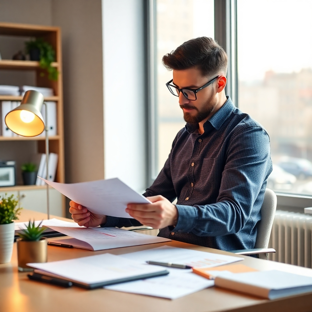 A photorealistic image depicting an entrepreneur working diligently on business plans in a quiet, well-lit office early in the morning.  The setting should look calm and peaceful, with soft light filtering into the room.
