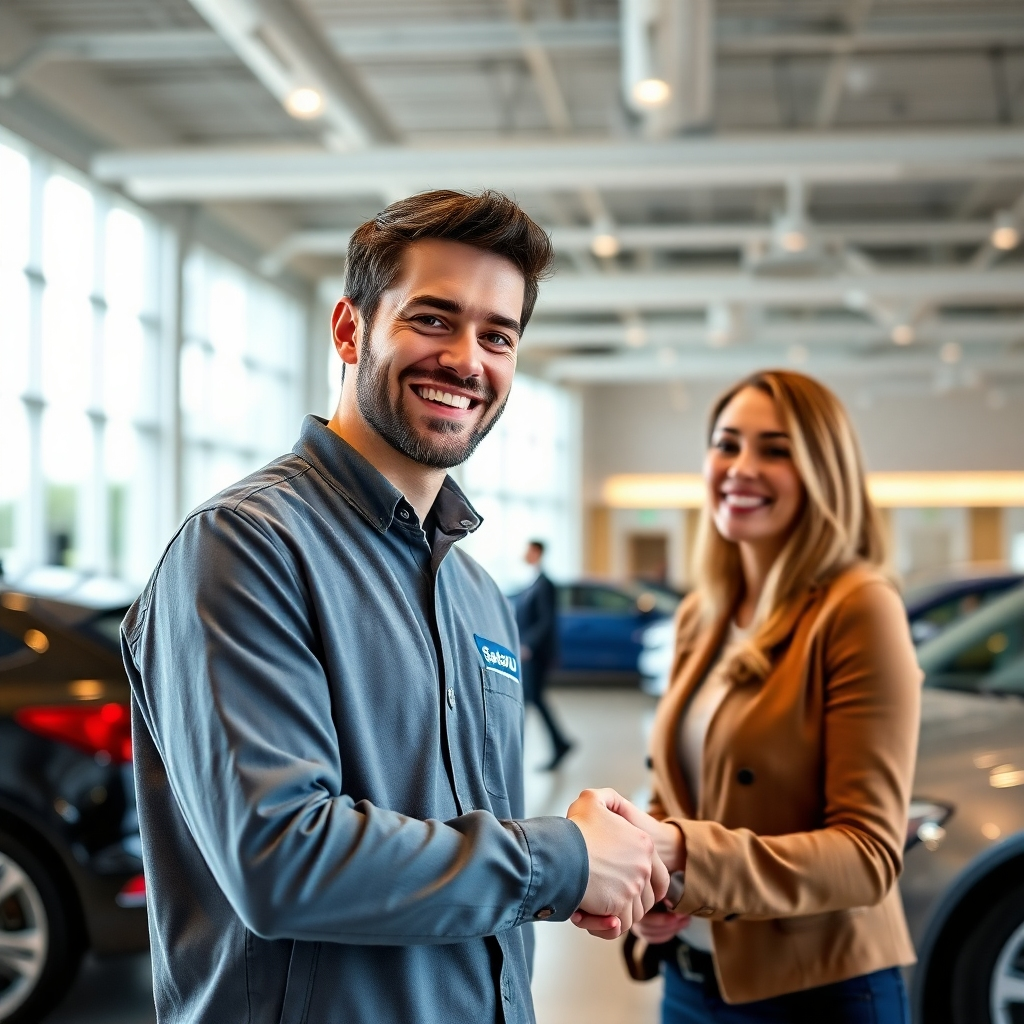 A photorealistic image depicting a friendly SAITS4U sales representative shaking hands with a happy customer in a modern, well-lit dealership.  The background should subtly show other happy customers and cars. The scene should emphasize a warm, welcoming atmosphere. The sales representative should have a genuine smile, conveying a sense of trust and professionalism.