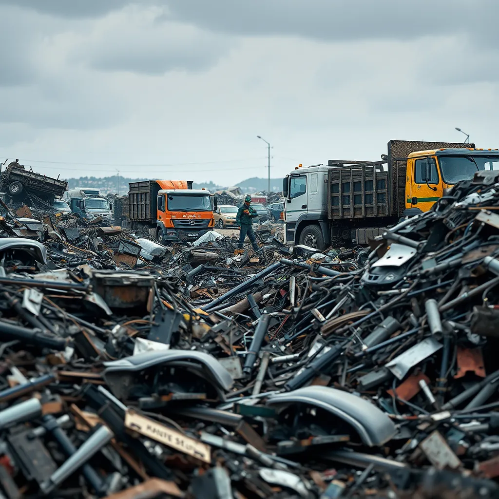 A photorealistic image depicting a junkyard with piles of scrap metal and dismantled vehicles. In the background, a worker is sorting metal pieces, while a recycling truck is loading scrap metal. The image should convey a sense of transformation from waste to valuable resources.