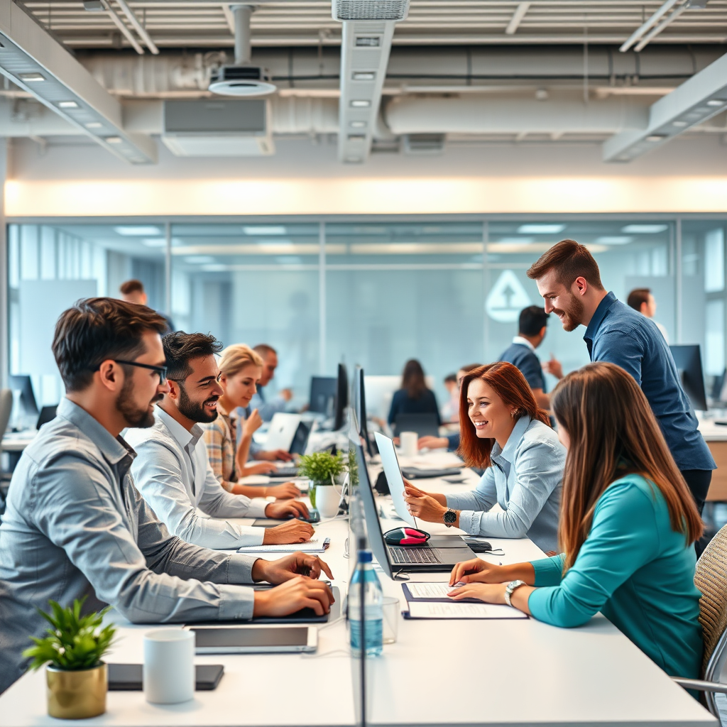 A photorealistic image depicting a busy and collaborative office environment. Employees are shown working on various projects, interacting with customers, and sharing moments of laughter and camaraderie. The color palette is bright and energetic, with a focus on authenticity and transparency. The image should convey a sense of teamwork, passion, and company culture.