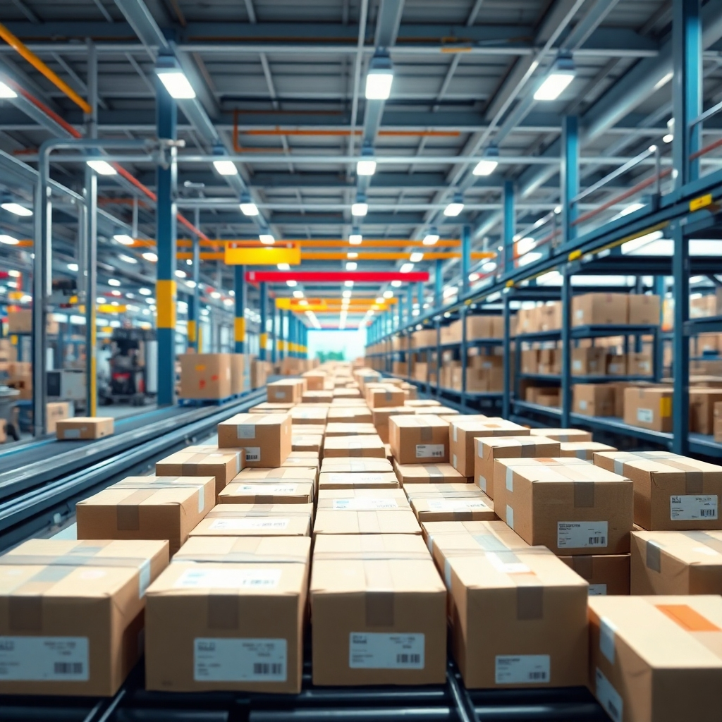 A photorealistic image depicting a well-organized shipping and fulfillment center. Packages are being sorted and labeled, with conveyor belts and automated systems in the background. The lighting is bright and efficient, highlighting the smooth flow of operations. The color scheme is predominantly blue and gray, with accents of yellow for safety. The style is professional and efficient, conveying the importance of logistics. Technical specs: 8K resolution, hyperrealistic rendering.