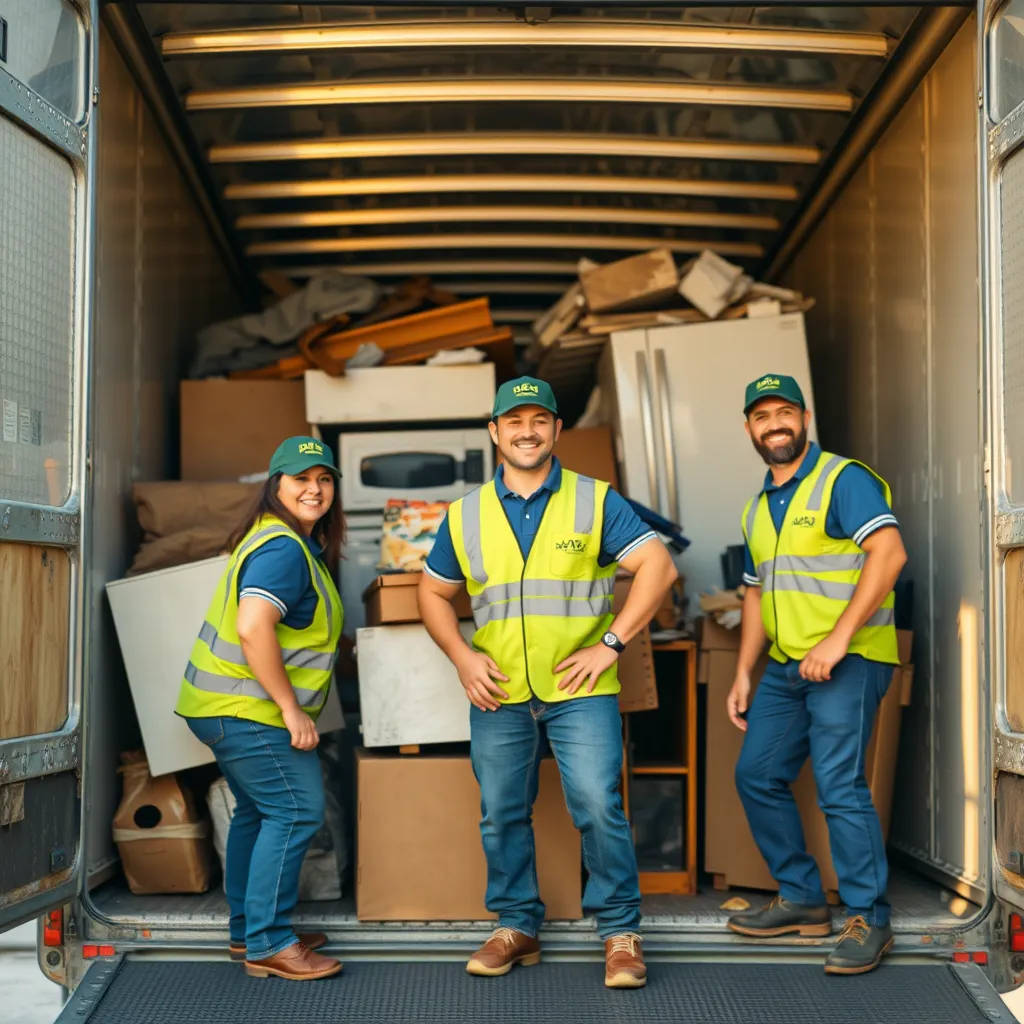 A photorealistic image depicting a team of friendly, uniformed SAITS4U workers loading a truck with various items like old furniture, appliances, and construction debris, all while smiling and working efficiently.