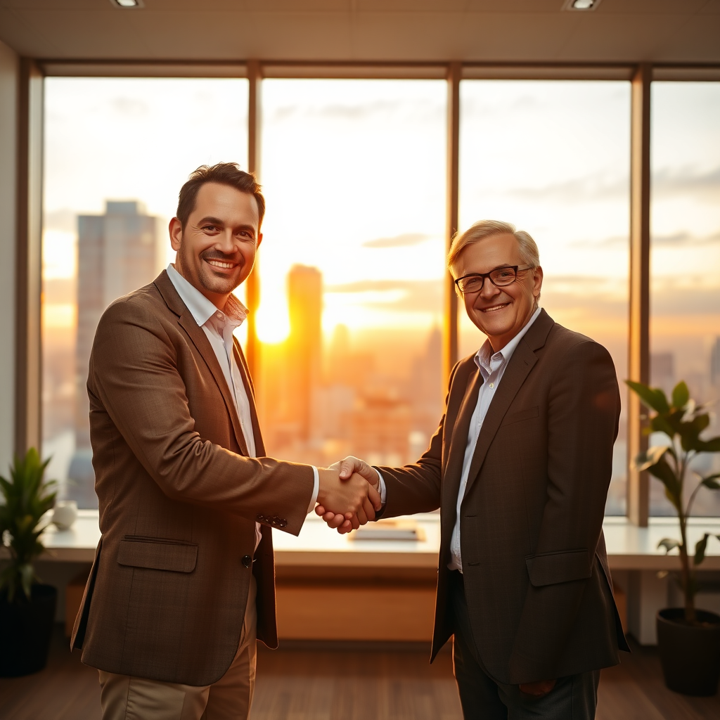 A photorealistic image depicting two entrepreneurs shaking hands in a bright, modern office. They are both smiling warmly, conveying trust and respect. A large window behind them shows a cityscape at sunset, symbolizing the potential for long-term growth and success. The lighting is warm and inviting, creating a sense of collaboration and friendship. The color palette is dominated by warm tones, such as gold, orange, and brown. The camera angle is slightly wide, capturing both individuals and the surrounding environment. The style is hyperrealistic, similar to professional portrait photography. The overall image should convey the message that building lasting relationships is essential for sustainable business success.