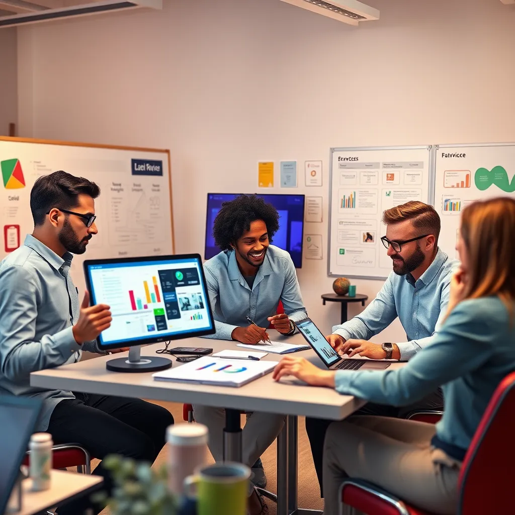 A photorealistic image depicting a digital marketing strategy in action.  The image showcases a team of professionals collaborating in a modern office setting. The professionals are using advanced software and tools to analyze data, optimize campaigns, and track results.  The lighting is bright and energetic, emphasizing the team's focus and collaboration. The color palette is bold and vibrant, reflecting the dynamic nature of digital marketing. The camera angle is from a slightly elevated perspective, capturing the team's energy and enthusiasm. The background includes a mix of modern office furniture, whiteboards covered with digital marketing strategies, and sleek tech gadgets. The overall mood is energetic, collaborative, and driven.  Style reference: The work of renowned photographer Annie Leibovitz. Technical specifications: 8K resolution, hyperrealistic, ultra-detailed.