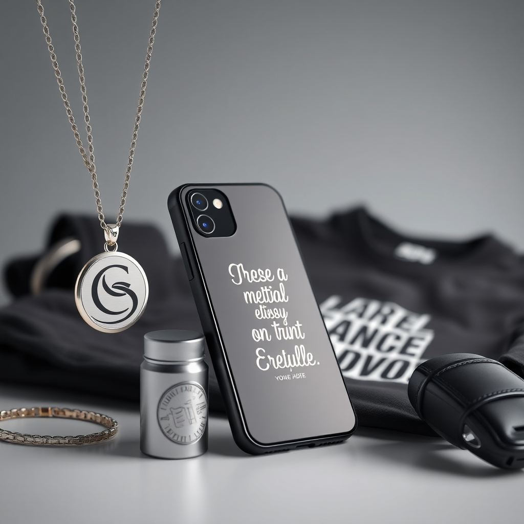 A photorealistic image depicting a collection of personalized items. Include a sleek engraved necklace, a stylish phone case with a custom design, and a personalized t-shirt with a unique quote or image. The background should be a minimalist and modern setting, emphasizing the uniqueness and customization of the products.