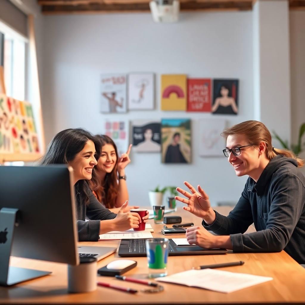 A photorealistic image depicting artists collaborating in an online space. Focus on expressions of collaboration, using positive expressions and gestures.  The atmosphere should be energetic, cooperative and creative.