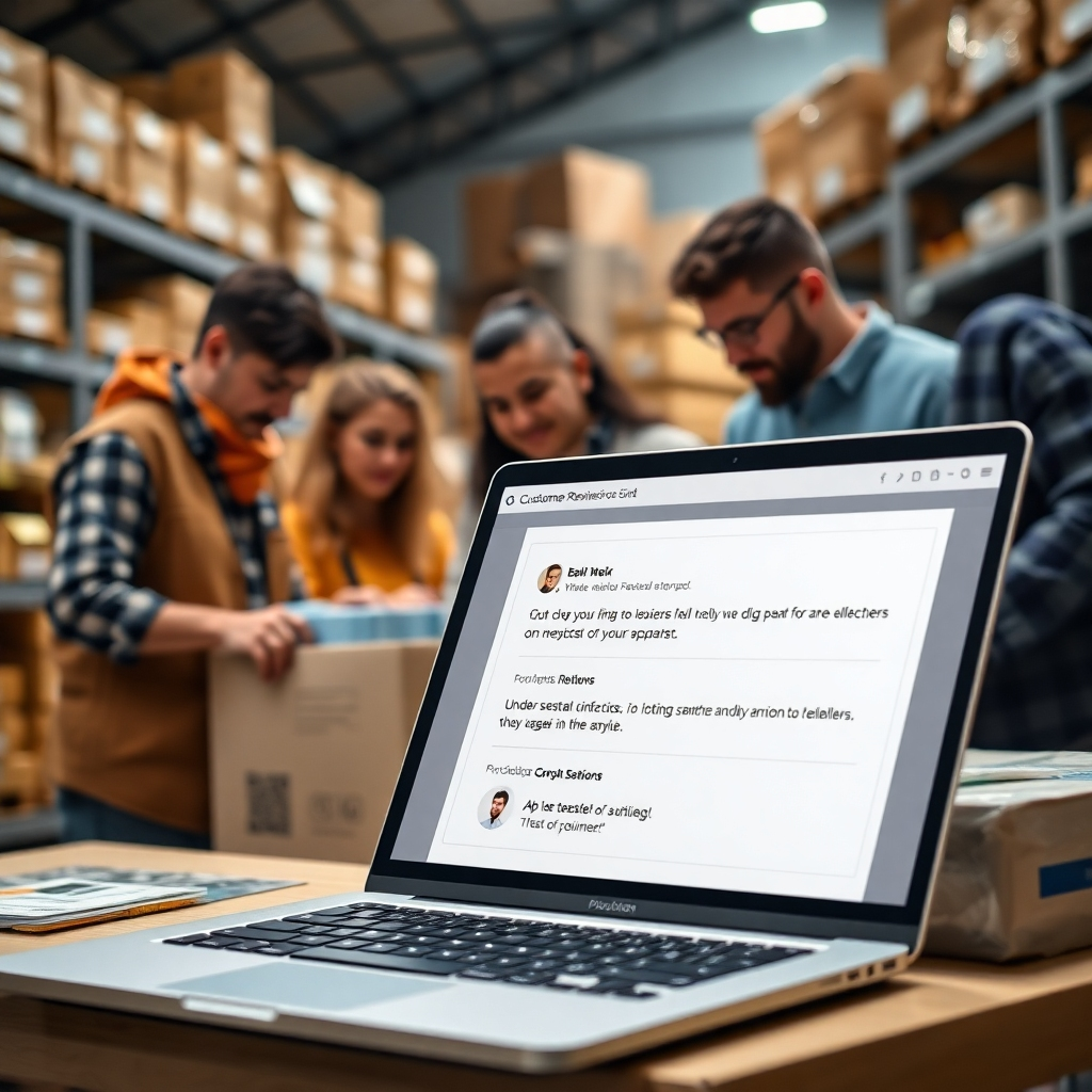A photorealistic image depicting a diverse team collaborating in a warehouse, showcasing various products being carefully packed and labeled.  In the foreground, highlight a laptop displaying positive customer reviews and order confirmations. The overall tone should be efficient and organized.