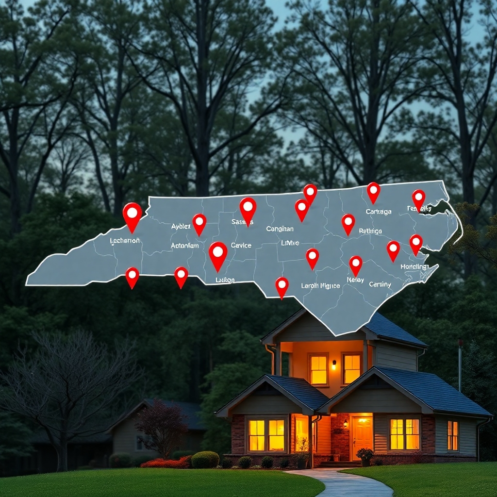 A photorealistic image depicting a map of North Carolina with pins marking the locations served by DTR Handyman. The image should feature a happy customer's home in the foreground, symbolizing the company's commitment to serving the community.