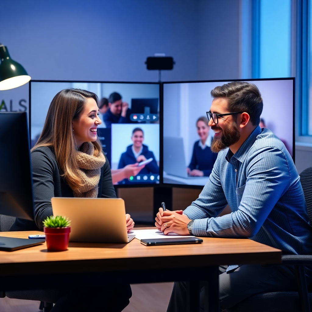 A photorealistic image depicting a friendly virtual meeting between a freelance writer and a satisfied client.  The scene should be professional, emphasizing clear communication and collaboration through video conferencing.