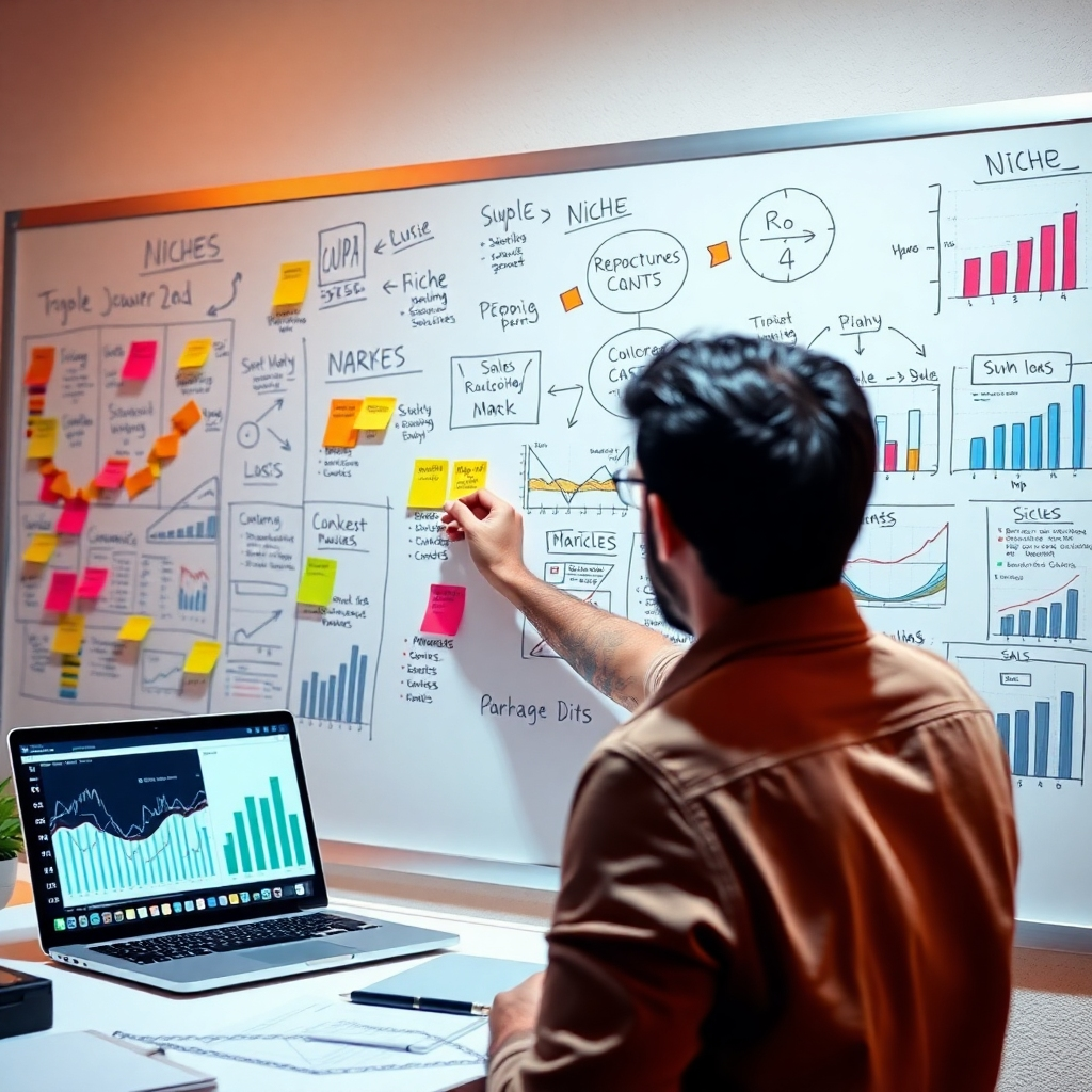 A photorealistic image depicting a person brainstorming on a whiteboard filled with various niche ideas, market research data, and sales graphs.  The overall mood should be one of focused determination and strategic planning. Include elements like sticky notes, charts, and a laptop displaying market analysis.