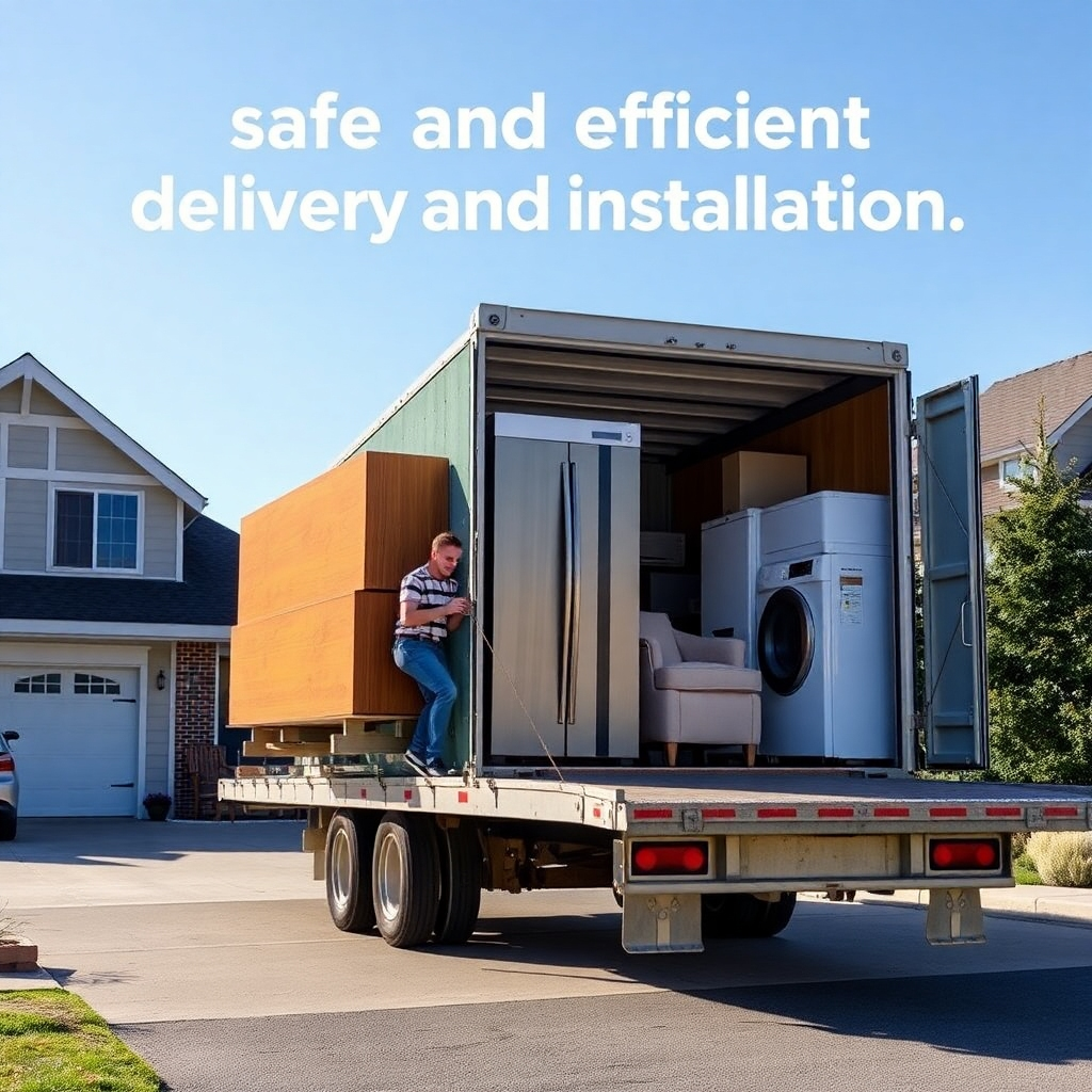 A photorealistic image depicting the careful loading and transport of furniture and appliances to a customer's home, emphasizing safe and efficient delivery and installation.
