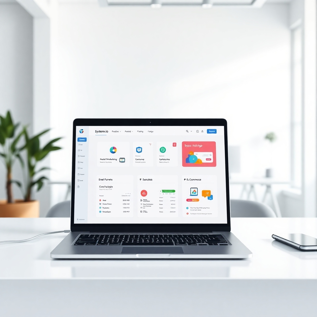 A photorealistic image depicting a clean, modern workspace with a single laptop displaying the Systeme.io dashboard showing various interconnected modules like email marketing, sales funnels, and e-commerce, all seamlessly integrated. The background should be a minimalist office setting with natural light.