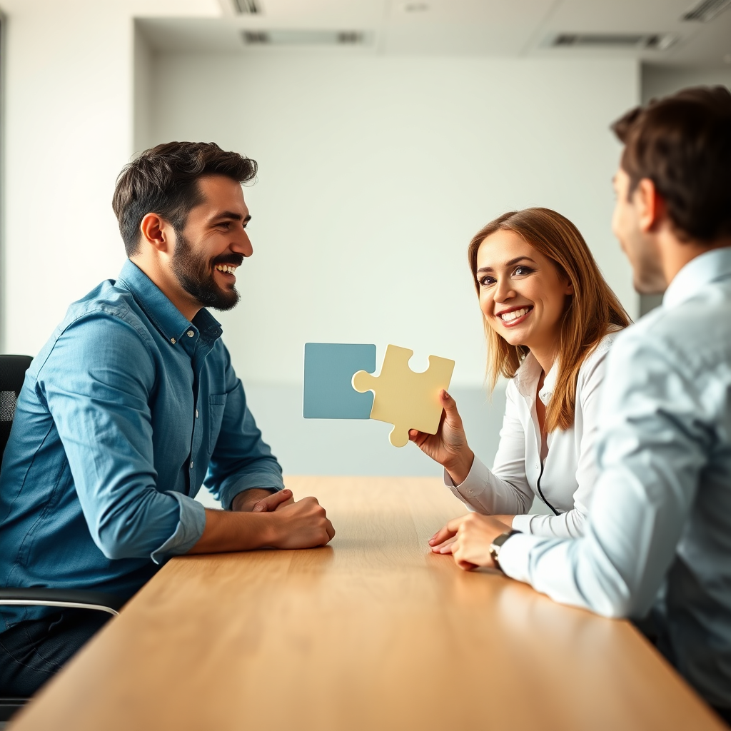 A photorealistic image depicting two entrepreneurs sitting across a table, each holding half of a jigsaw puzzle piece. The pieces fit together perfectly, symbolizing the alignment of their interests and goals. The background is a modern office with soft, natural light. The entrepreneurs are smiling and engaged in conversation. The color palette is warm and inviting, with a mix of blues, greens, and yellows. The camera angle is slightly wide, capturing both individuals and the puzzle pieces. The style is hyperrealistic, similar to professional portrait photography. The overall image should convey the message that identifying mutual interests is essential for building win-win partnerships.