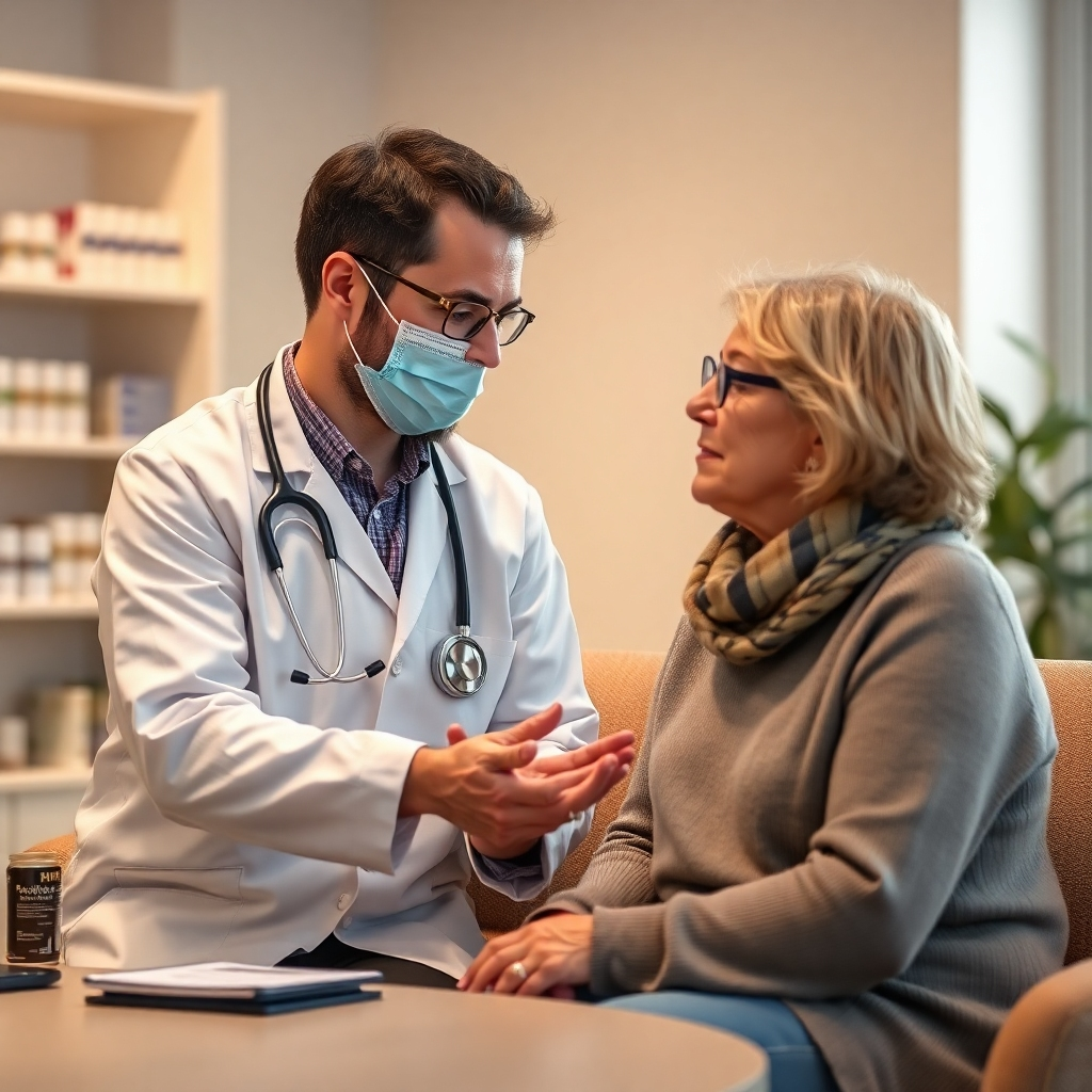 A photorealistic image depicting a pharmacist having a one-on-one consultation with a patient, attentively listening and showing genuine care. Warm lighting, comfortable setting, neutral color palette. Style: Emphasize personal connection and trust.