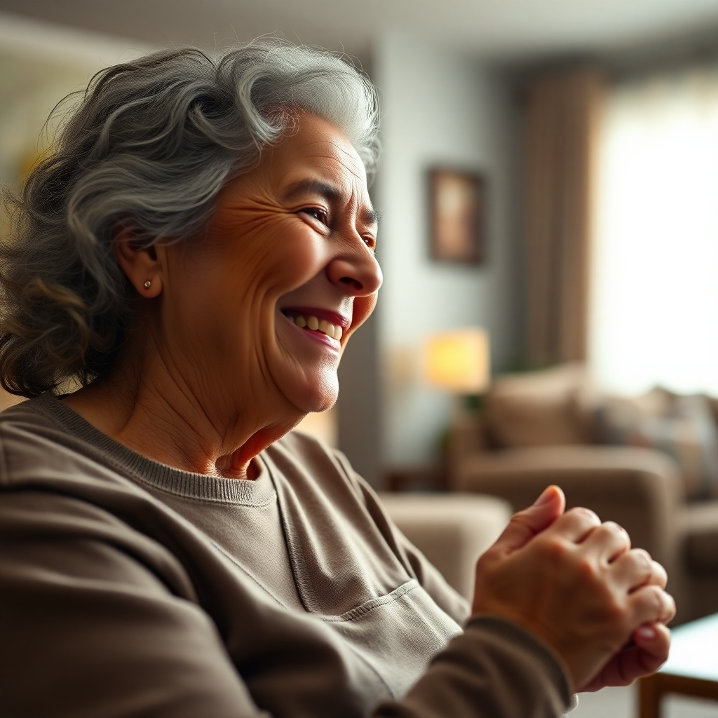 A photorealistic image depicting a heartwarming moment between a senior and a caregiver.  The senior is smiling radiantly, possibly holding the caregiver’s hand.  The setting is a comfortable and homey living room. High resolution, shallow depth of field, emphasizing human connection, warm lighting